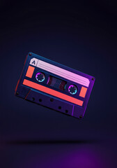 Fototapeta premium Vintage audio cassette with purple and pink neon lighting, evoking nostalgia and retro technology.