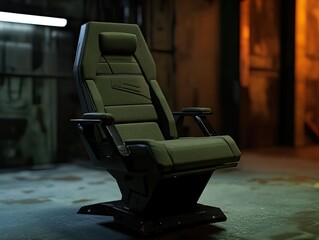 Futuristic captain's chair design in a dimly lit industrial setting