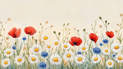 Fototapeta premium A vibrant illustration of wildflowers featuring red poppies, white daisies, and blue cornflowers against a soft, light background.