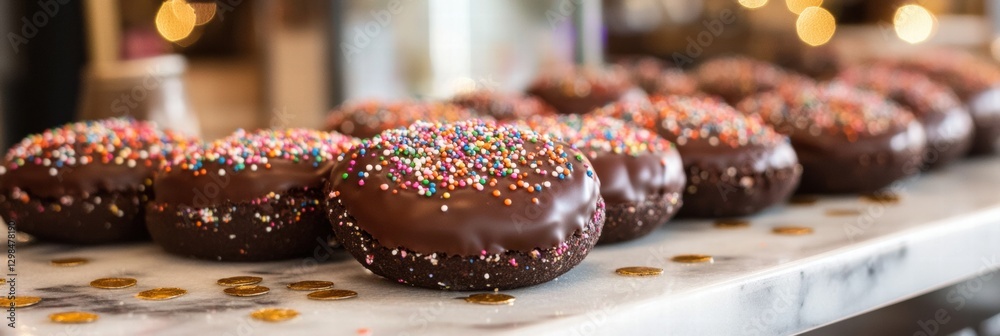 Poster delightful chocolate donuts with colorful sprinkles arranged on a marble countertop in a cozy bakery