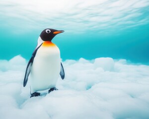Fototapeta premium A curious penguin stands on ice, surrounded by serene blue waters, embodying the beauty of marine life in the polar region.