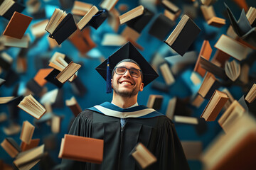 A joyful graduate surrounded by floating books, symbolizing the power of knowledge.