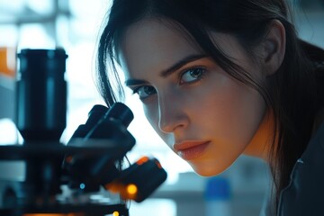 A young woman scientist intensely focused on research through a microscope in a laboratory setting.