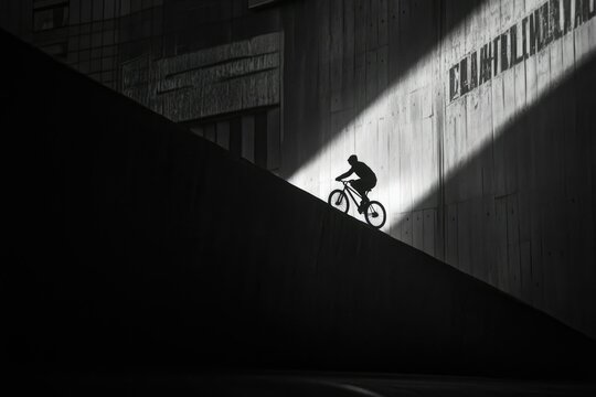 Silhouette of cyclist riding uphill against a stark, sunlit concrete wall.