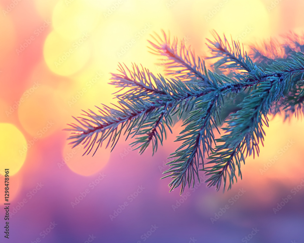 Poster Close-up of a pine tree branch with soft bokeh background in vibrant purple and yellow, symbolizing winter, holiday season, tranquility, and nature's beauty.