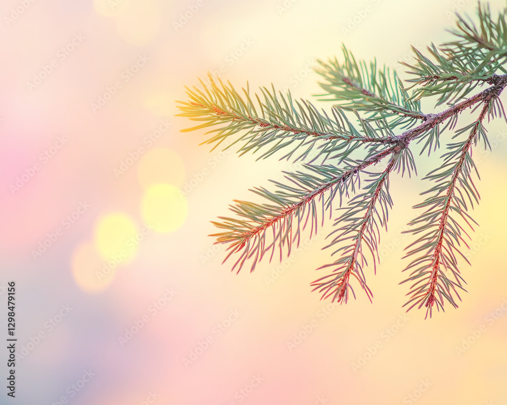 Aufkleber Close-up of a pine tree branch with soft bokeh background in vibrant colors, symbolizing winter, nature, and holiday season, with a dreamy and tranquil atmosphere.
