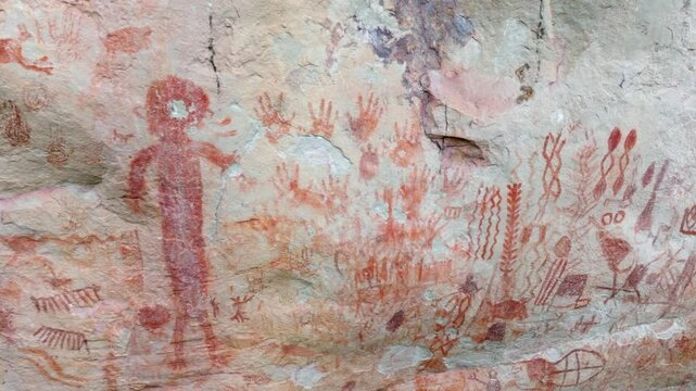 Drone close-up shot of ancient indigenous paintings in San Jose del Guaviare Colombia