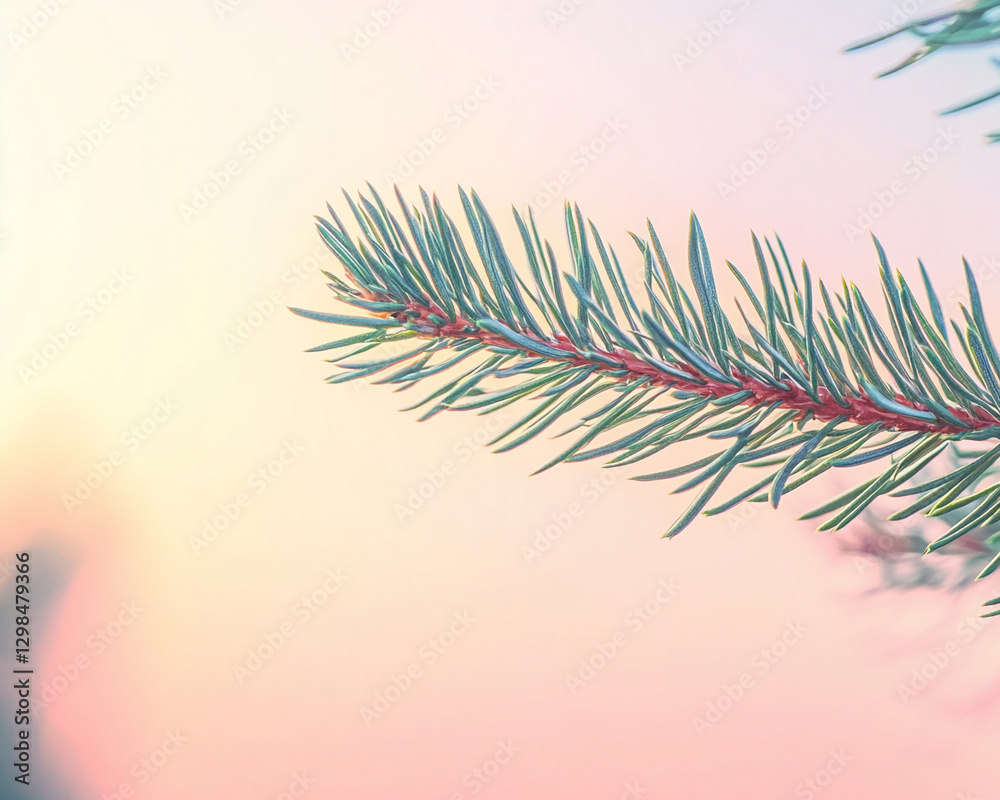 Poster Close-up of a pine tree branch with sharp green needles against a soft pastel bokeh background, symbolizing nature, winter, and the holiday season with a peaceful atmosphere.
