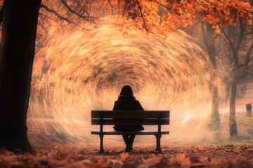 Solitary figure sits on a park bench, gazing at a swirling vortex of autumn leaves.