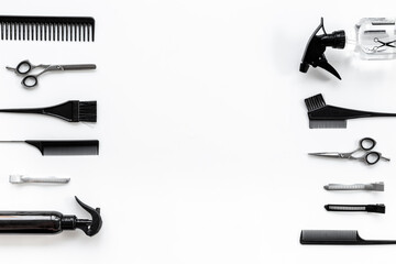 Frame of barber tools. Different kind of combs and scissors, top view