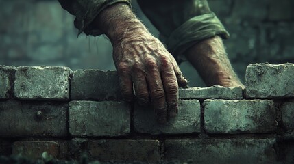 Worker Building the Border Wall with WALL Bricks for Border Control Infrastructure