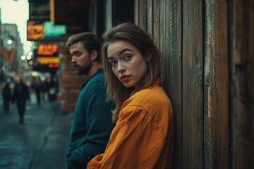 Fototapeta premium A young woman in an orange jacket leans against a wooden wall, a man blurred in the background, city lights at night.