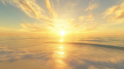 Fototapeta premium Sunset over clouds, aerial view, golden hour, ethereal landscape, heavenly sky, sun rays, serene atmosphere, dreamlike horizon, soft light, celestial beauty, wispy cloud formations,