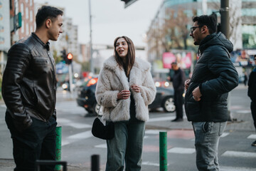 Three friends catching up outdoors in a bustling city environment, sharing conversation and smiles.