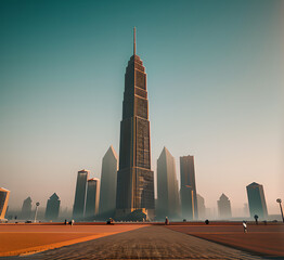 Fototapeta premium Trail lights from highway and light reflection from buildings in mega city at cloudy night. Seamless loop. Concept of technology background, cyberpunk.generative ai
