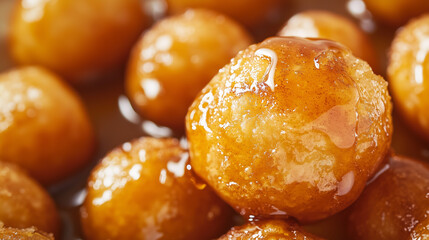 Macro Shot of Golden Crispy Loukoumades Drizzled with Honey and Cinnamon