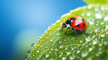 Fototapeta premium Small red ladybug on a green leaf with rain dew drops droplets on a blue sky background Macro bug shot, selective focus