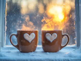 A pair of steaming mugs with heart-shaped foam art, sitting side by side on a snowy windowsill, framed by frost.