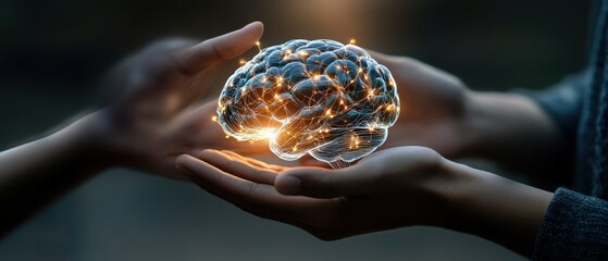 Glowing brain held in hands, concept of knowledge