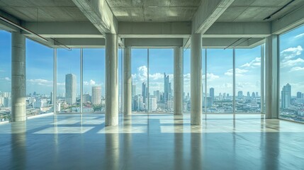modern office interior, floor-to-ceiling windows, panoramic city skyline view, empty open space, reflective floor, natural light, minimalist architecture, high-rise building, urban landscape