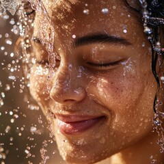 woman with water on face, close up
