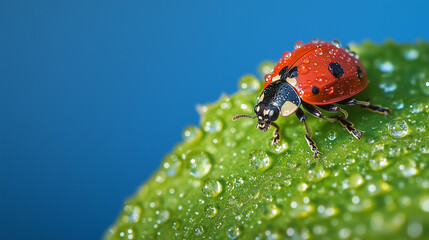 Obraz premium Small red ladybug on a green leaf with rain dew drops droplets on a blue sky background Macro bug shot, selective focus