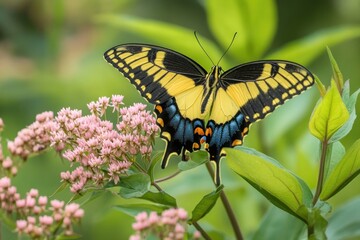 Fototapeta premium Yellow butterfly on pink flower.