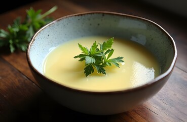 A bowl of French vichyssoise a creamy leek and potato soup served cold.