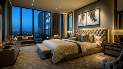Luxurious hotel bedroom, floor-to-ceiling windows, panoramic city view, night skyline, modern interior design, king-size bed, tufted headboard, plush bedding, ambient lighting, contemporary artwork