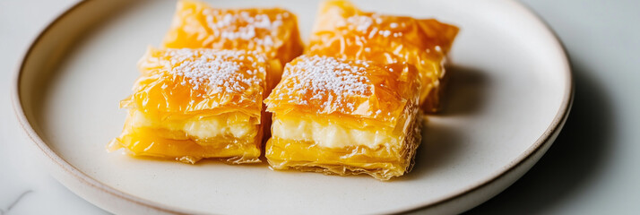 Golden Crispy Galaktoboureko with Custard Filling and Powdered Sugar Topping