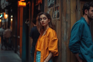 Naklejka premium A young woman in an orange jacket stands pensively beside a man in teal, leaning against a weathered wooden wall in a dimly lit city street.