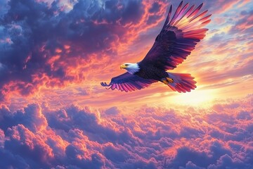 Obraz premium Majestic Eagle Soaring Through Vibrant Sunset Skies Over Fluffy Clouds While the Sun Sets on the Horizon With Dramatic Colors Filling the Atmosphere