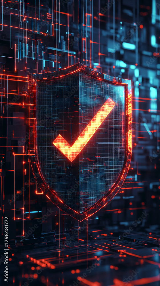 Poster digital shield with a check mark symbolizing cybersecurity protection, glowing in red and blue hues 