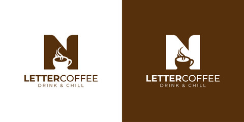 Coffee shop logo - letter and steaming coffee cup design in brown