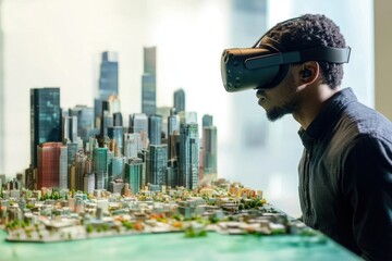 A person wearing a VR headset examines a detailed model of a city, experiencing urban planning virtually.