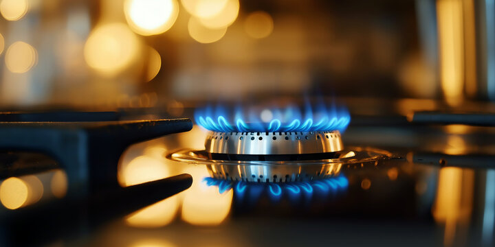 Close-up of a gas stove burner with a vibrant blue flame, blurred kitchen background for depth, soft lighting, negative space for text.