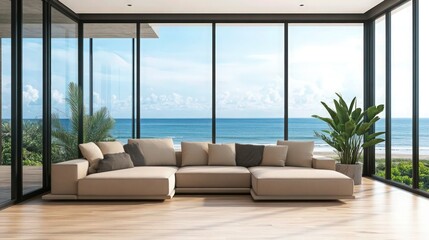 Modern minimalist living room, floor-to-ceiling windows, panoramic ocean view, beige L-shaped sofa, potted palm plant, hardwood floors, natural light, open concept, coastal interior design,
