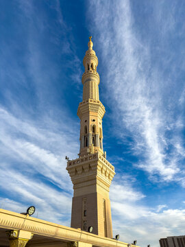 Upper Level of Al-Masjid an-Nabawi &ndash; Dome and Minarets at Sunrise