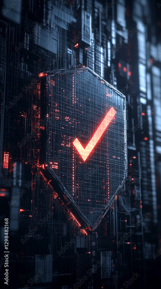 Aufkleber 3d digital shield with a glowing checkmark, surrounded by a futuristic technology grid, symbolizing 