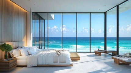 Luxurious modern bedroom, floor-to-ceiling windows, panoramic ocean view, turquoise waters, white sandy beach, tropical paradise, minimalist design, king-size bed, wood paneling, soft lighting