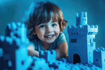 A toddler joyfully builds a blue castle with colorful plastic blocks, radiating happiness and...