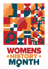 Women's History Month. Celebrated annual in March, to mark women&rsquo;s contribution to history. Female symbol. Women's rights. Girl power in world. Poster, postcard, banner. Vector illustration