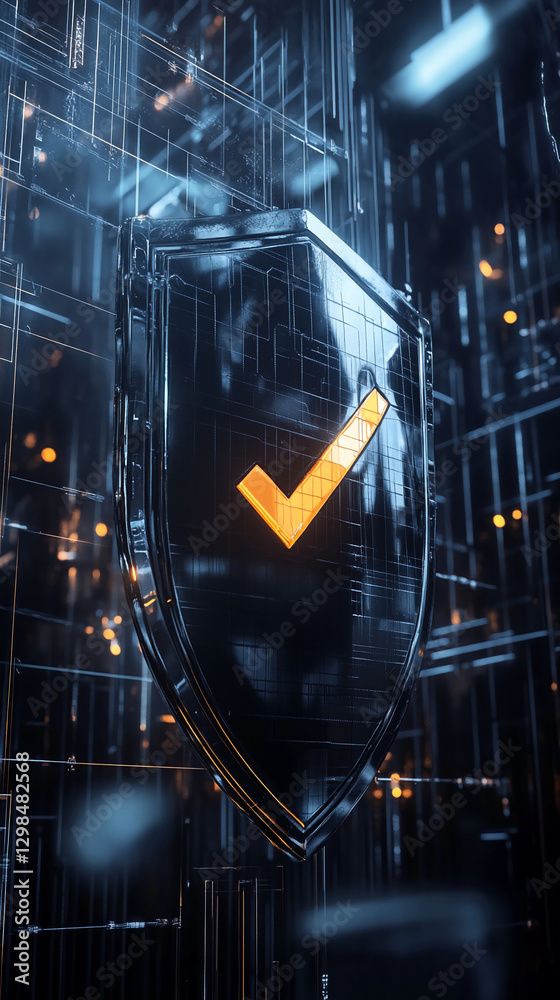Poster 3D digital shield with a glowing checkmark symbolizing security and trust, surrounded by futuristic technology and data in a digital environment.