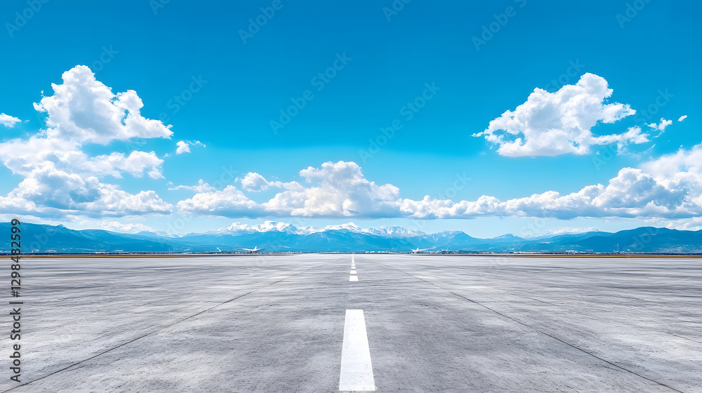 Aufkleber wide open runway under a bright blue sky with fluffy clouds