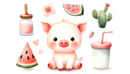 Fototapeta premium Minimalist watercolor illustration of Cute cartoon pig