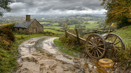 Fototapeta premium Rural autumn landscape, cottage, muddy road, cart