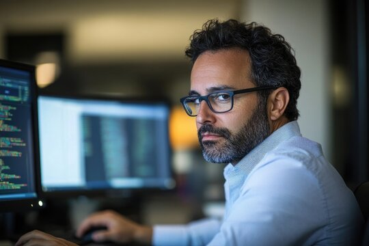 A focused male programmer works diligently on his computer, engrossed in lines of code.