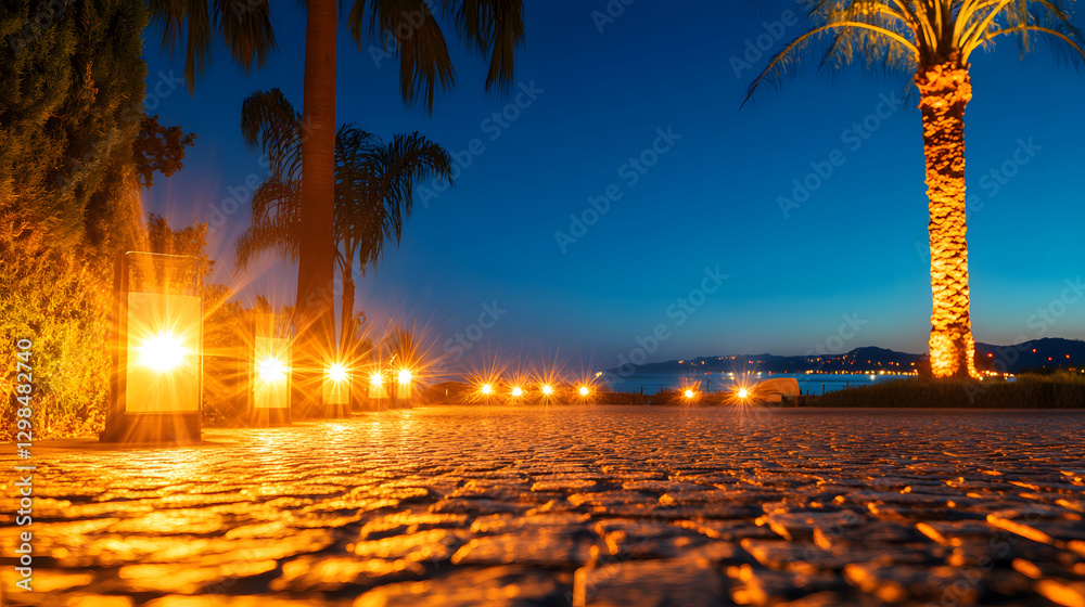 Poster Scenic evening view with lit pathway and palm trees at dusk