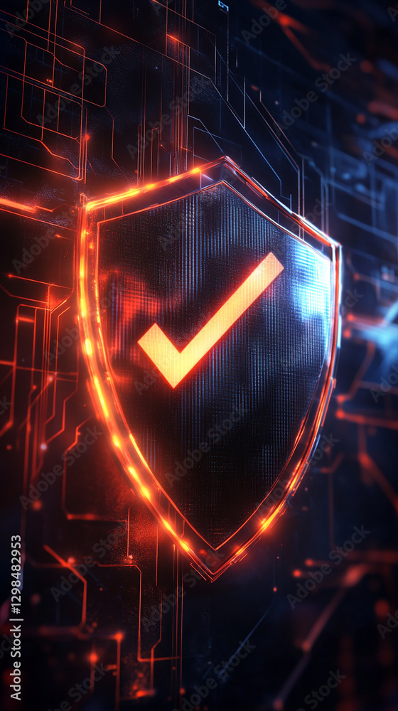 Poster 3D digital shield with a glowing checkmark in a futuristic environment, symbolizing security, protection, and verification in the digital world.