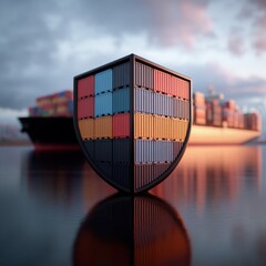 Container Ship Shield Symbolizing Secure Global Trade